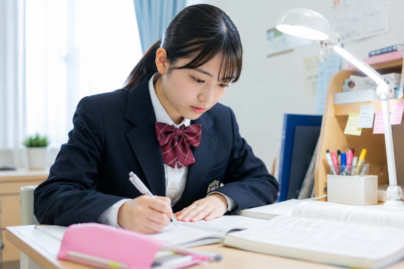 自宅で集中して勉強に取り組む高校生